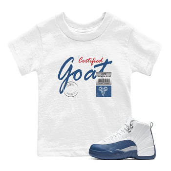 Certified Goat baby and kids t-shirt crafted for little sneakerheads to shine with the Air Jordan 12 French Blue sneakers, displayed in White 1.
