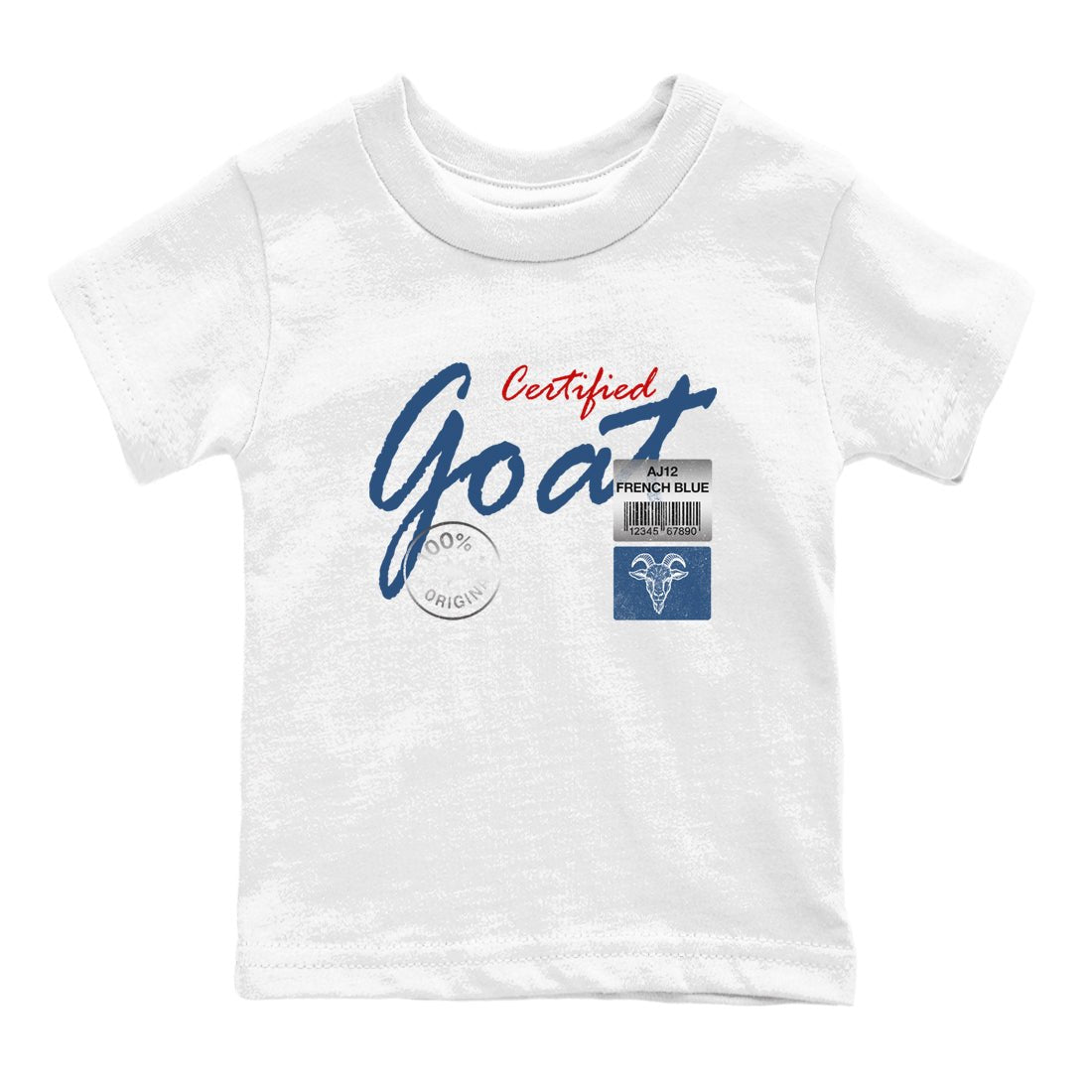 Certified Goat baby and kids t-shirt crafted for little sneakerheads to shine with the Air Jordan 12 French Blue sneakers, displayed in White 2.