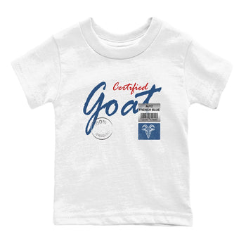 Certified Goat baby and kids t-shirt crafted for little sneakerheads to shine with the Air Jordan 12 French Blue sneakers, displayed in White 2.