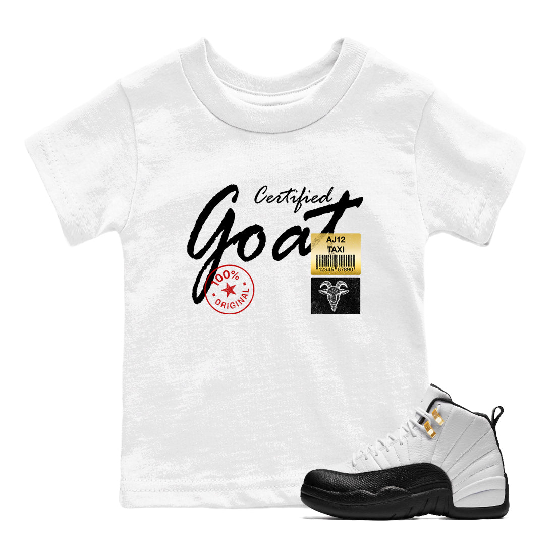 Sneaker match tees – Sneaker Tees To Match Air Jordan 12 Taxi Shoes – Certified Goat Kids T-Shirt White 1