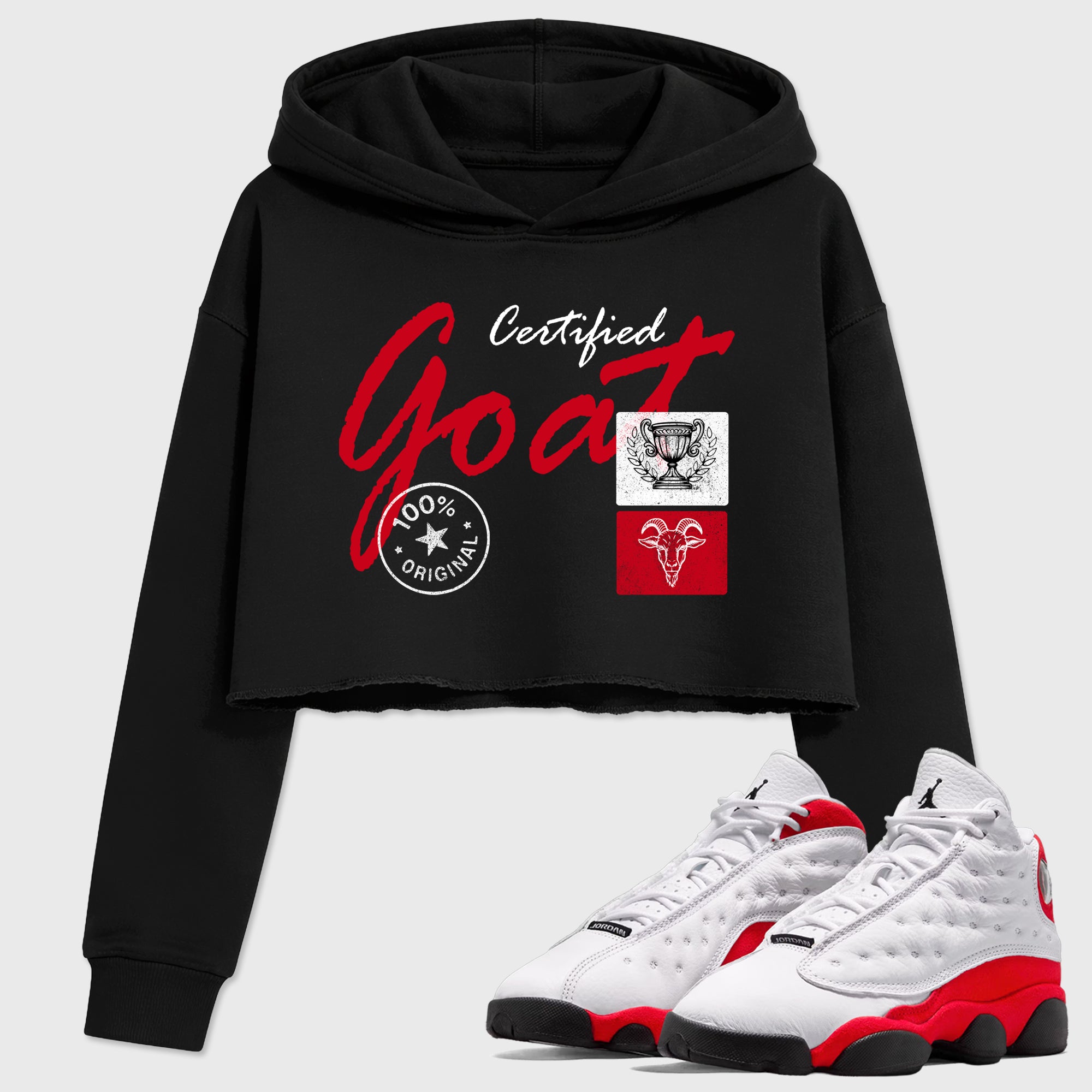 Sneaker match tees – Sneaker Tees To Match Air Jordan 13 University Red Shoes – Certified Goat Crop T-Shirt Black 1