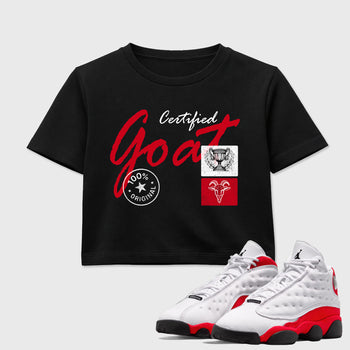 Sneaker match tees – Sneaker Tees To Match Air Jordan 13 University Red Shoes – Certified Goat Crop T-Shirt Black 1