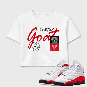 Sneaker match tees – Sneaker Tees To Match Air Jordan 13 University Red Shoes – Certified Goat Crop T-Shirt White 1