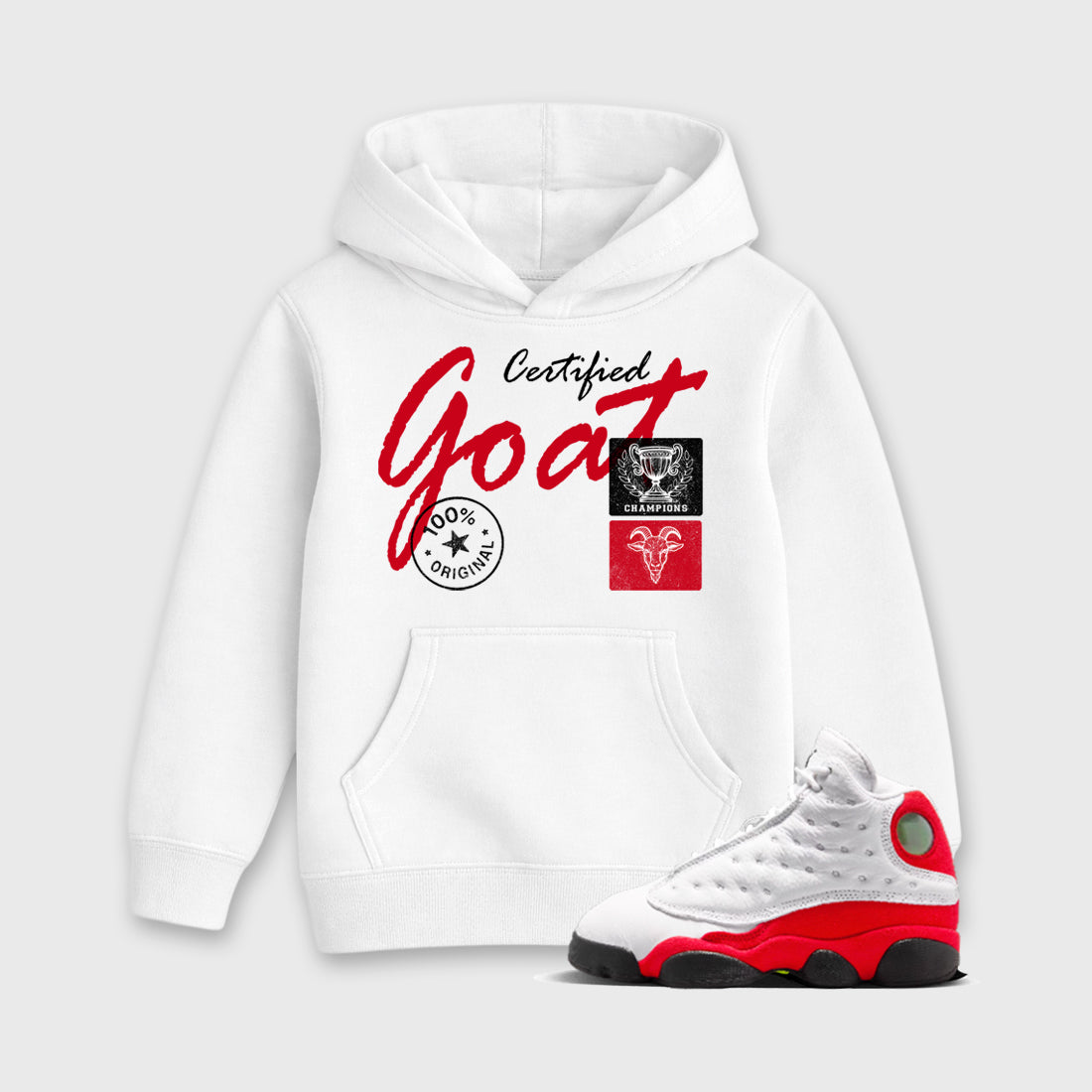 Sneaker match tees – Sneaker Tees To Match Air Jordan 13 University Red Shoes – Certified Goat Kids T-Shirt White 1
