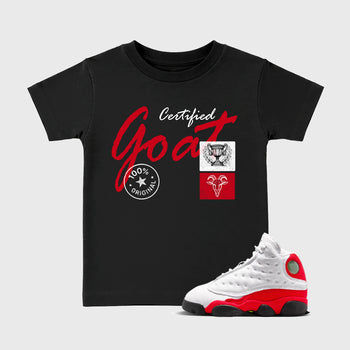 Sneaker match tees – Sneaker Tees To Match Air Jordan 13 University Red Shoes – Certified Goat Kids T-Shirt Black 1