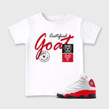 Sneaker match tees – Sneaker Tees To Match Air Jordan 13 University Red Shoes – Certified Goat Kids T-Shirt White 1