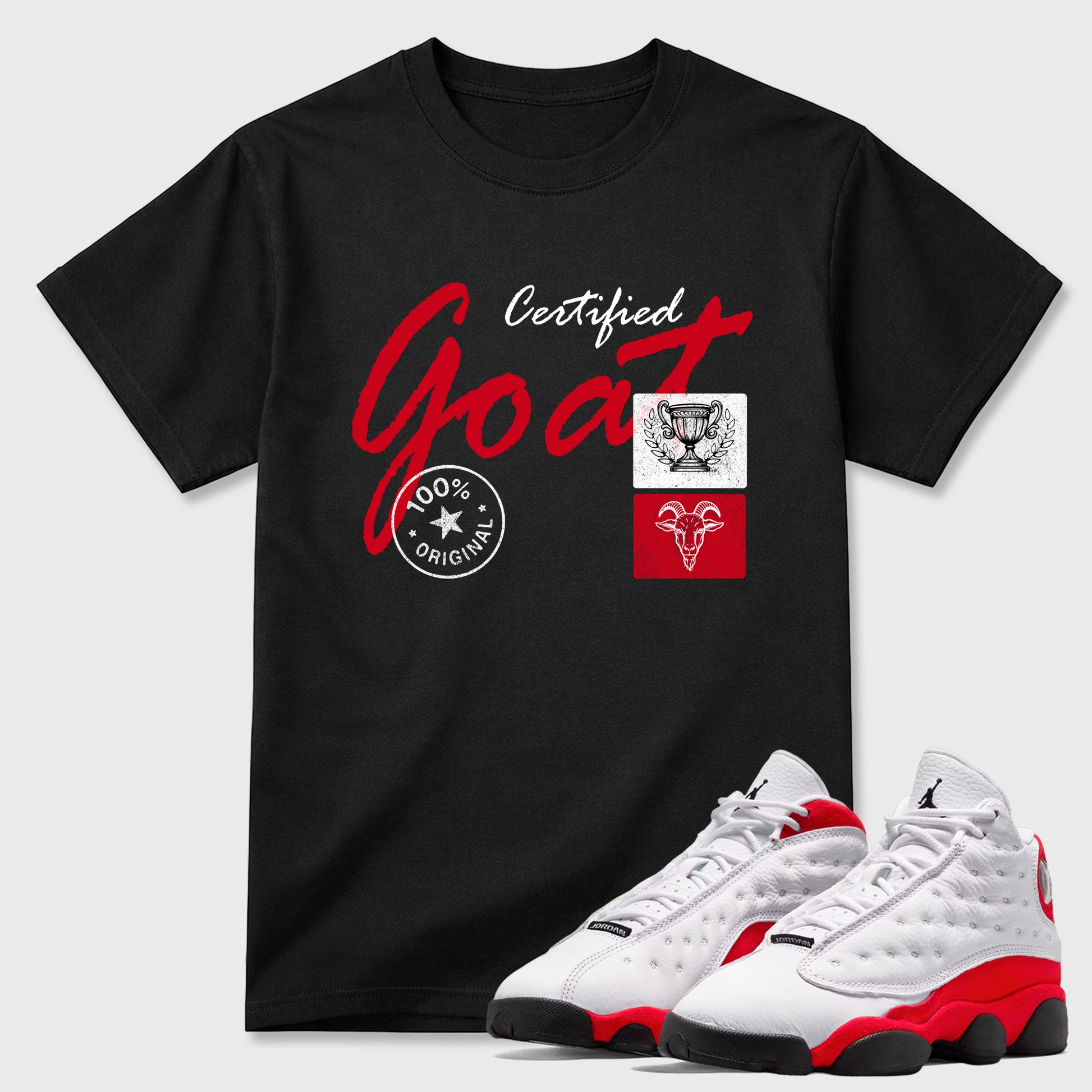 Sneaker match tees – Sneaker Tees To Match Air Jordan 13 University Red Shoes – Certified Goat Tee Black 1