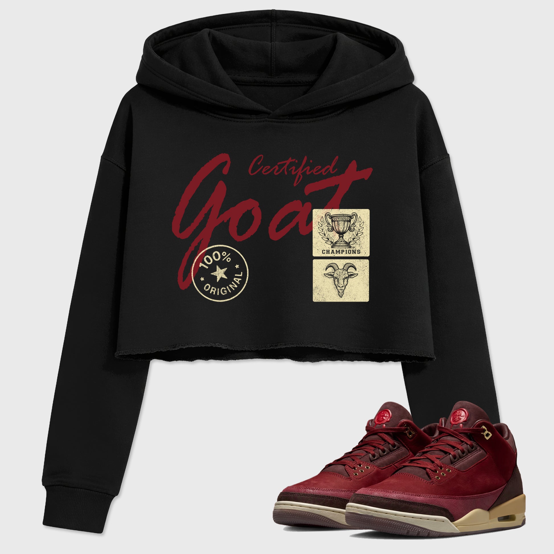 Certified Goat women’s crop tee designed to match the Air Jordan 3 Bin 23, featuring coordinated Black 1 options for a perfect streetwear vibe.