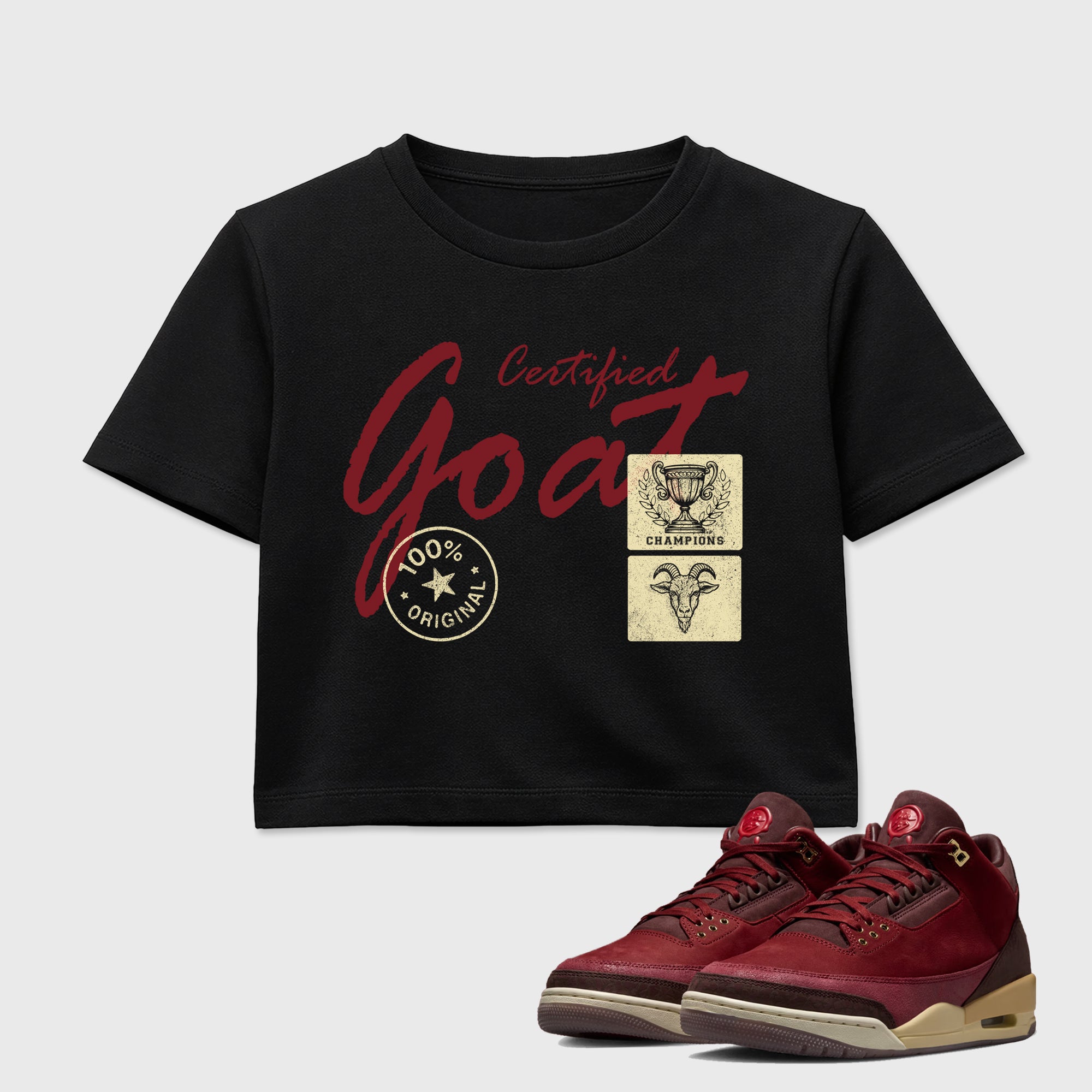 Certified Goat women’s crop tee designed to match the Air Jordan 3 Bin 23, featuring coordinated Black 1 options for a perfect streetwear vibe.