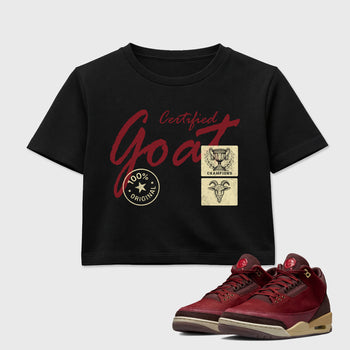 Certified Goat women’s crop tee designed to match the Air Jordan 3 Bin 23, featuring coordinated Black 1 options for a perfect streetwear vibe.