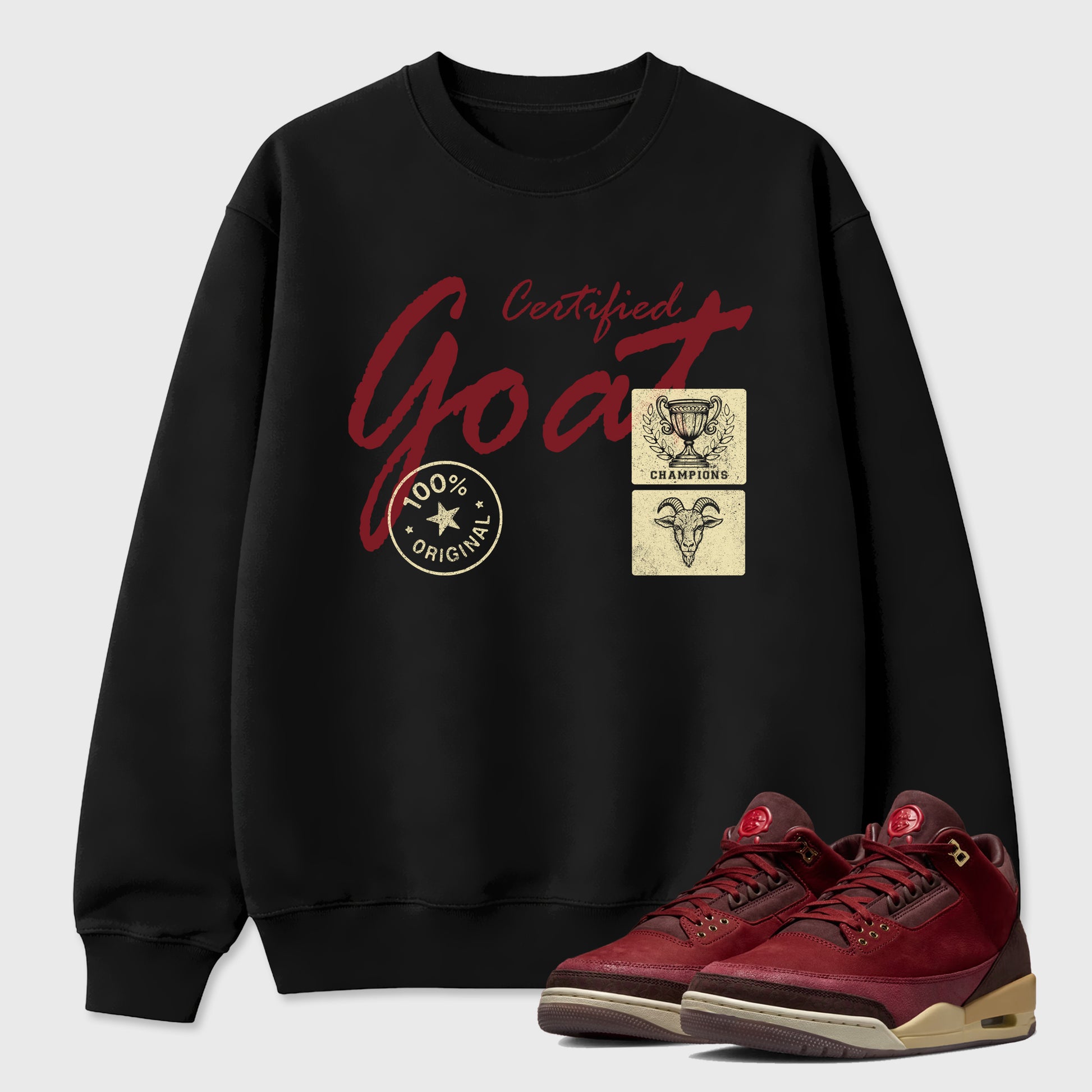 Certified Goat Graphic T-Shirt sneaker match tee designed for the Air Jordan 3 Bin 23, featuring coordinated color options for a perfect streetwear match. Black 1 shirt.