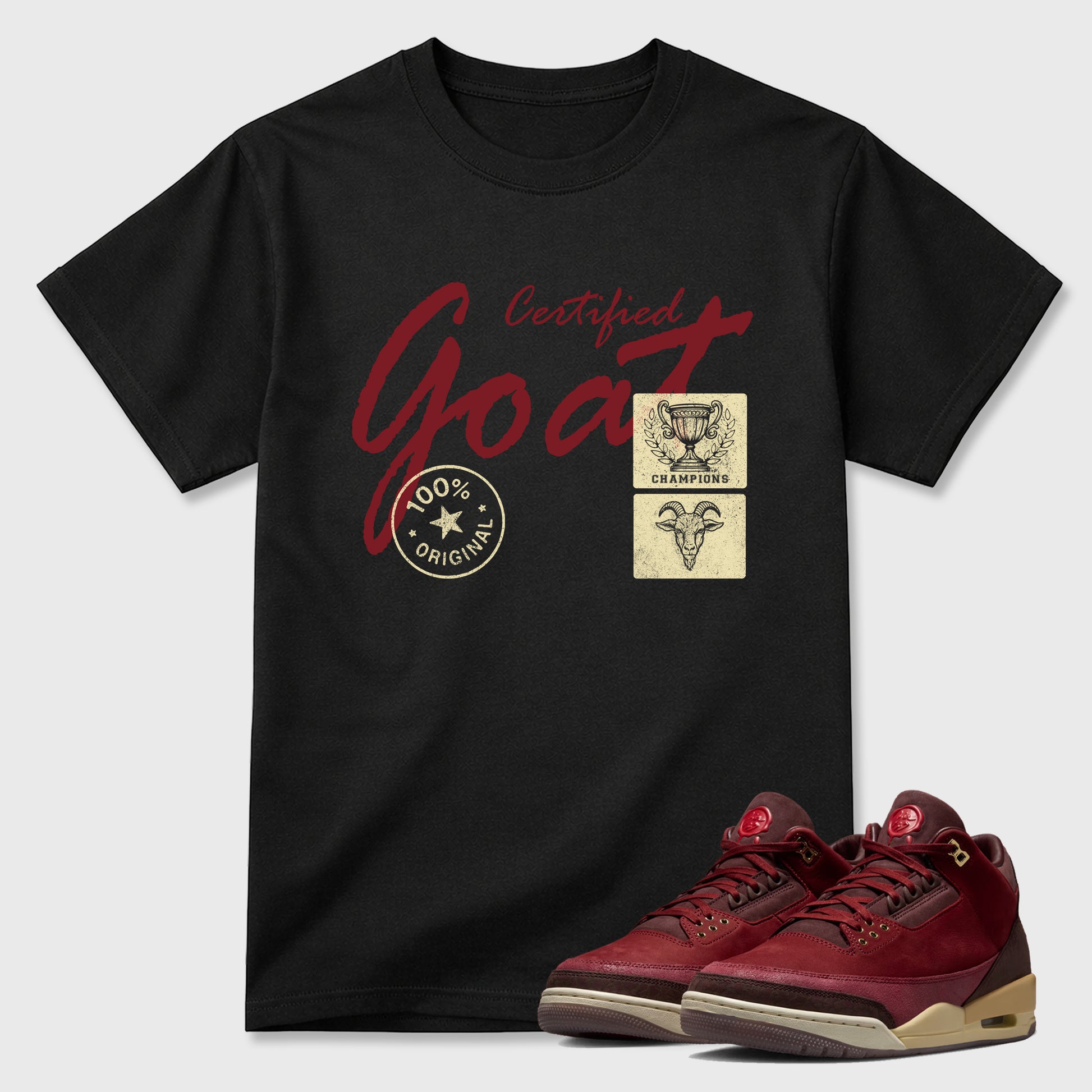 Certified Goat Graphic T-Shirt sneaker match tee designed for the Air Jordan 3 Bin 23, featuring coordinated color options for a perfect streetwear match. Black 1 shirt.