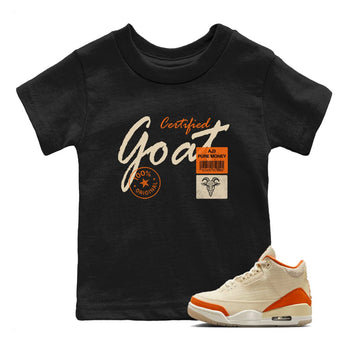 Certified Goat baby and kids t-shirt crafted for little sneakerheads to shine with the Air Jordan 3 Starfish sneakers, displayed in Black 1.