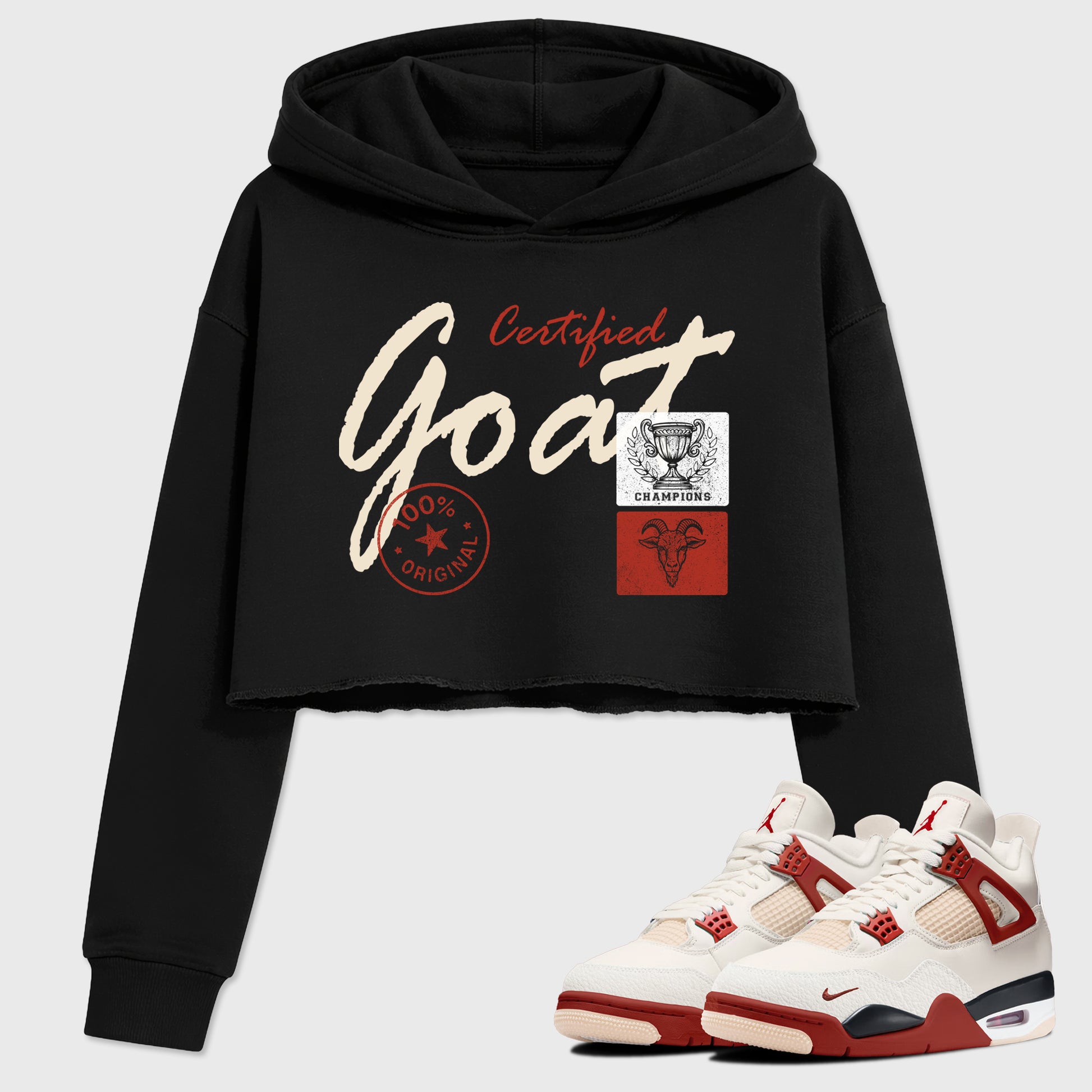 Certified Goat women’s crop tee designed to match the Air Jordan 4 Brick After Brick, featuring coordinated Black 1 options for a perfect streetwear vibe.