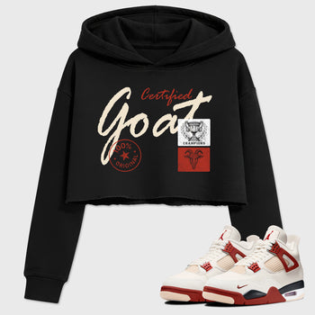 Certified Goat women’s crop tee designed to match the Air Jordan 4 Brick After Brick, featuring coordinated Black 1 options for a perfect streetwear vibe.