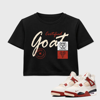 Certified Goat women’s crop tee designed to match the Air Jordan 4 Brick After Brick, featuring coordinated Black 1 options for a perfect streetwear vibe.
