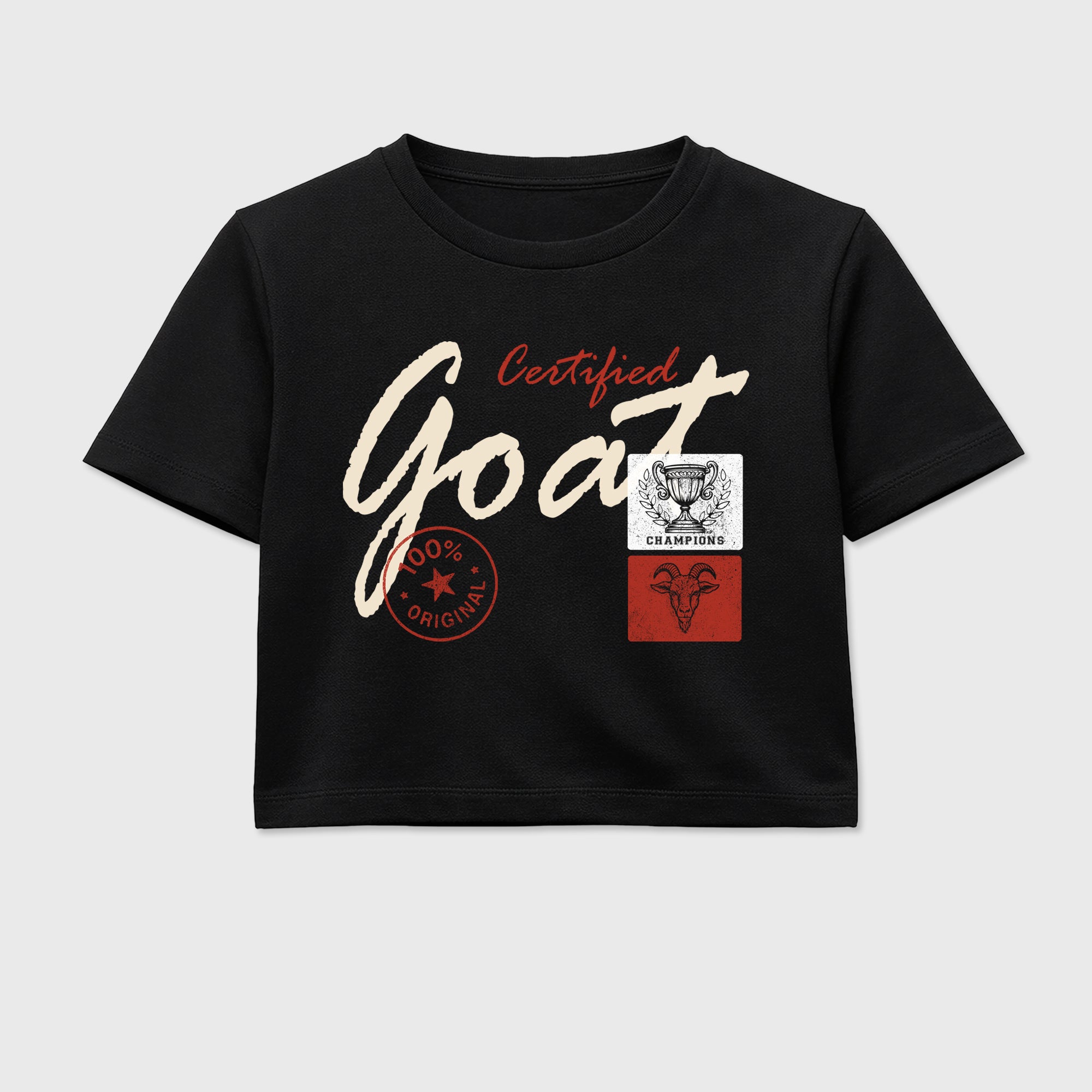 Certified Goat women’s crop tee designed to match the Air Jordan 4 Brick After Brick, featuring coordinated Black 2 options for a perfect streetwear vibe.