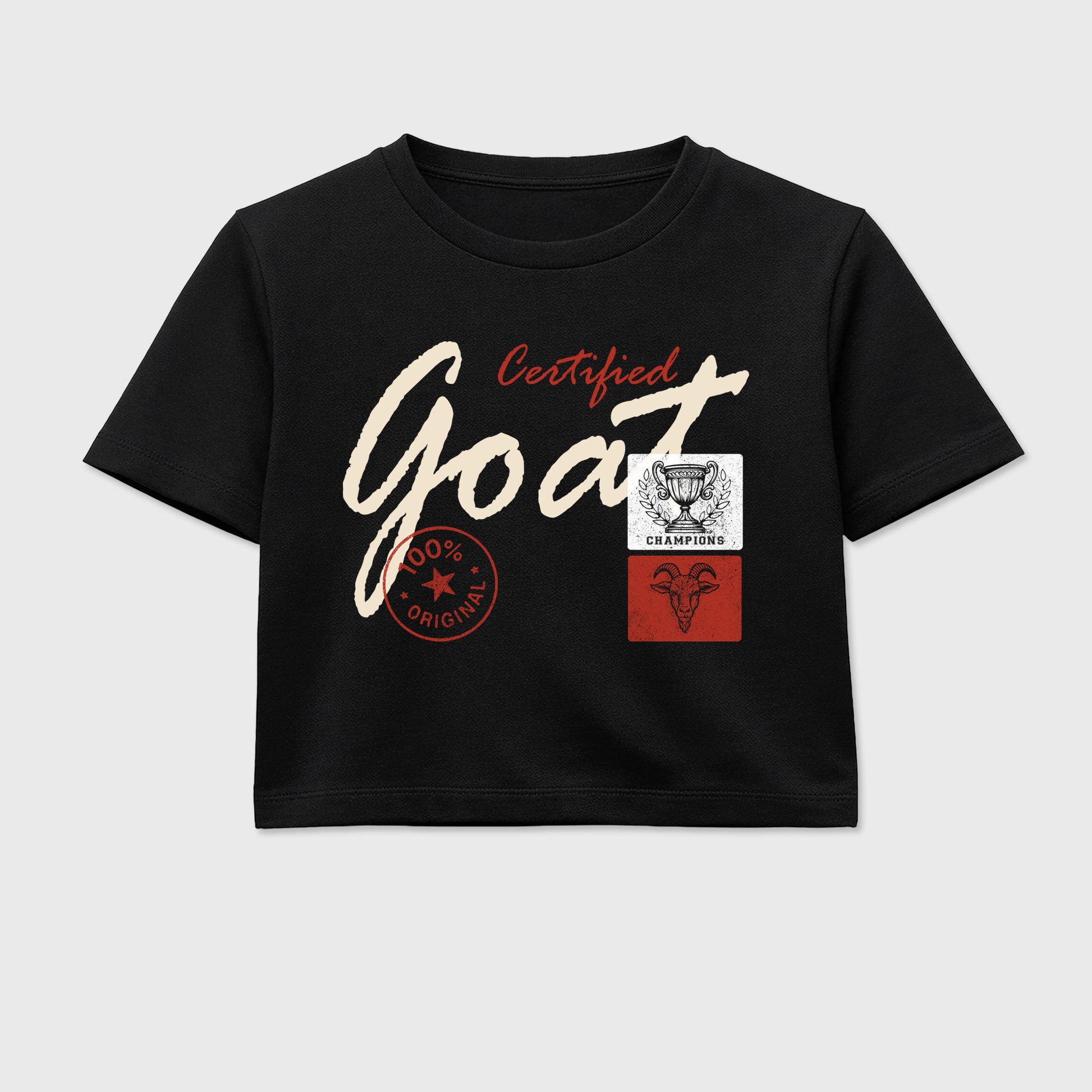 Certified Goat women’s crop tee designed to match the Air Jordan 4 Brick After Brick, featuring coordinated Black 2 options for a perfect streetwear vibe.