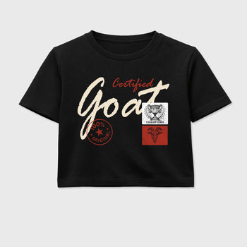 Certified Goat women’s crop tee designed to match the Air Jordan 4 Brick After Brick, featuring coordinated Black 2 options for a perfect streetwear vibe.