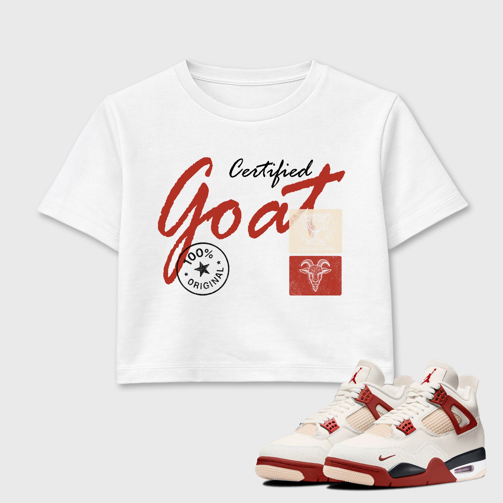 Certified Goat women’s crop tee designed to match the Air Jordan 4 Brick After Brick, featuring coordinated White 1 options for a perfect streetwear vibe.