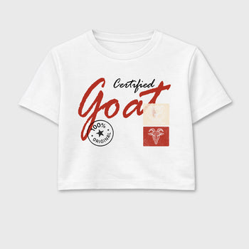 Certified Goat women’s crop tee designed to match the Air Jordan 4 Brick After Brick, featuring coordinated White 2 options for a perfect streetwear vibe.