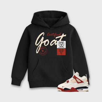 Certified Goat affordable baby and kids t-shirt designed to match the Air Jordan 4 Brick After Brick, featuring coordinated Black 1 options for the perfect little sneakerhead streetwear look.