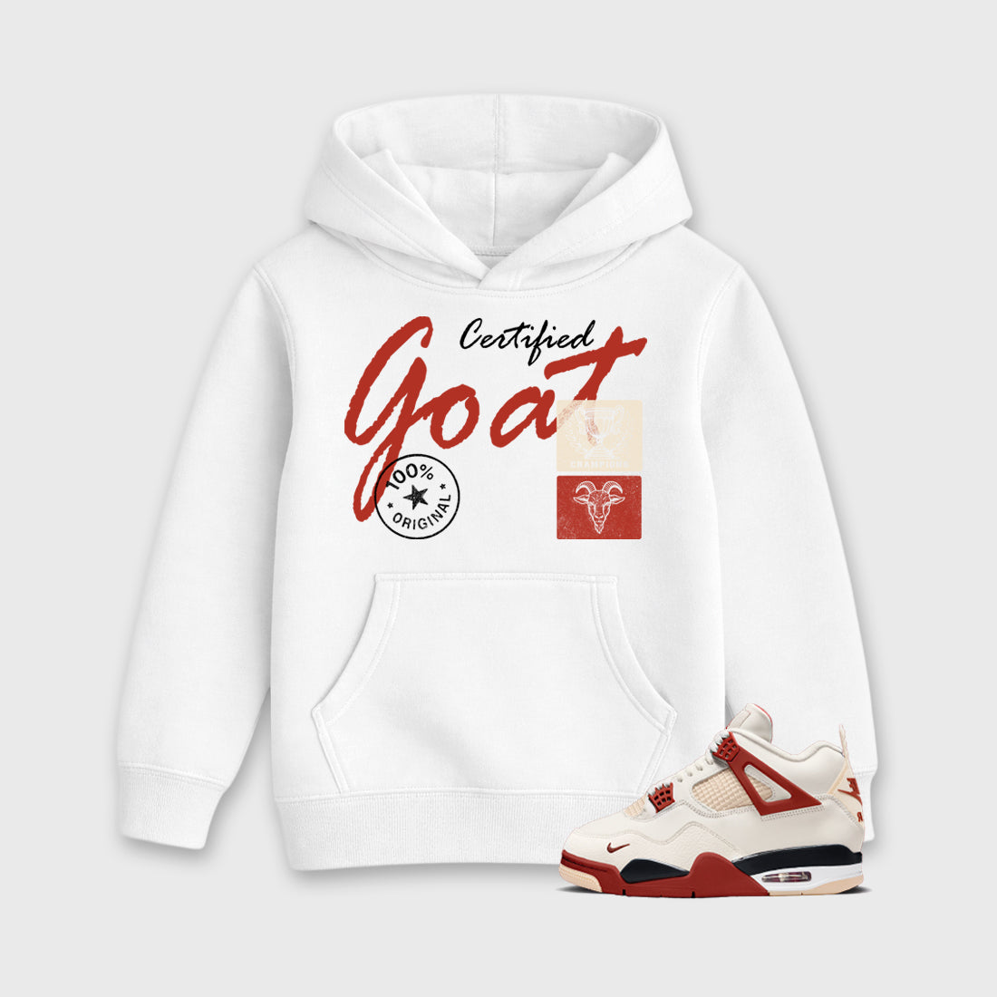 Certified Goat affordable baby and kids t-shirt designed to match the Air Jordan 4 Brick After Brick, featuring coordinated White 1 options for the perfect little sneakerhead streetwear look.