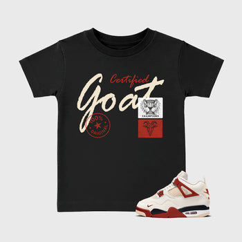 Certified Goat affordable baby and kids t-shirt designed to match the Air Jordan 4 Brick After Brick, featuring coordinated Black 1 options for the perfect little sneakerhead streetwear look.