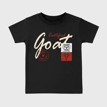 Certified Goat affordable baby and kids t-shirt designed to match the Air Jordan 4 Brick After Brick, featuring coordinated Black 2 options for the perfect little sneakerhead streetwear look.