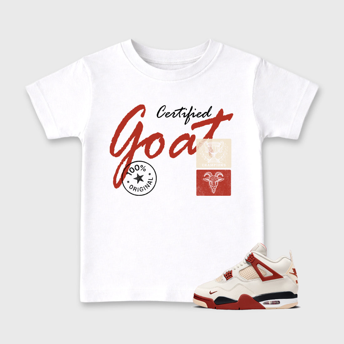 Certified Goat affordable baby and kids t-shirt designed to match the Air Jordan 4 Brick After Brick, featuring coordinated White 1 options for the perfect little sneakerhead streetwear look.
