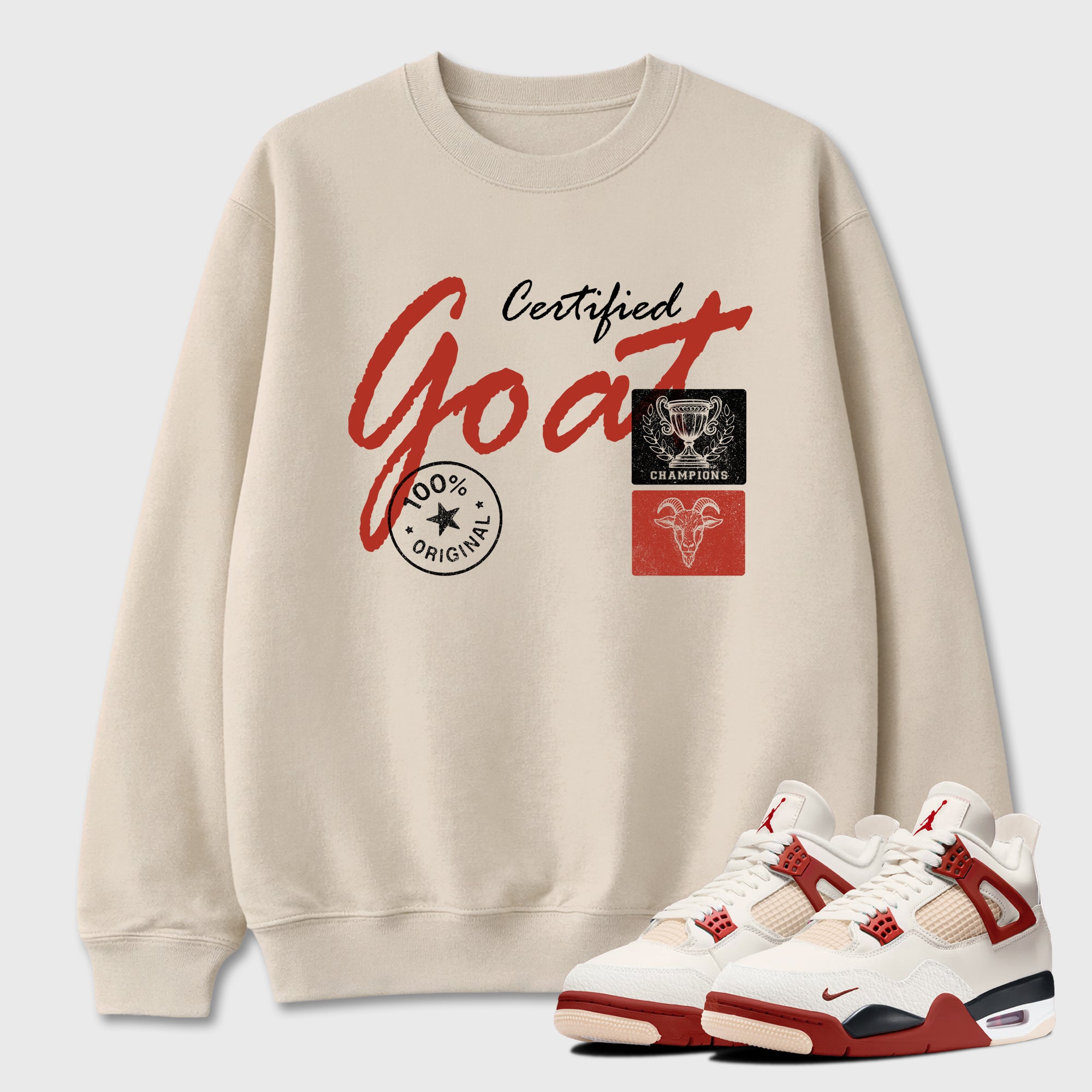 Certified Goat Graphic T-Shirt sneaker match tee designed for the Air Jordan 4 Brick After Brick, featuring coordinated color options for a perfect streetwear match. Natural 1 shirt.
