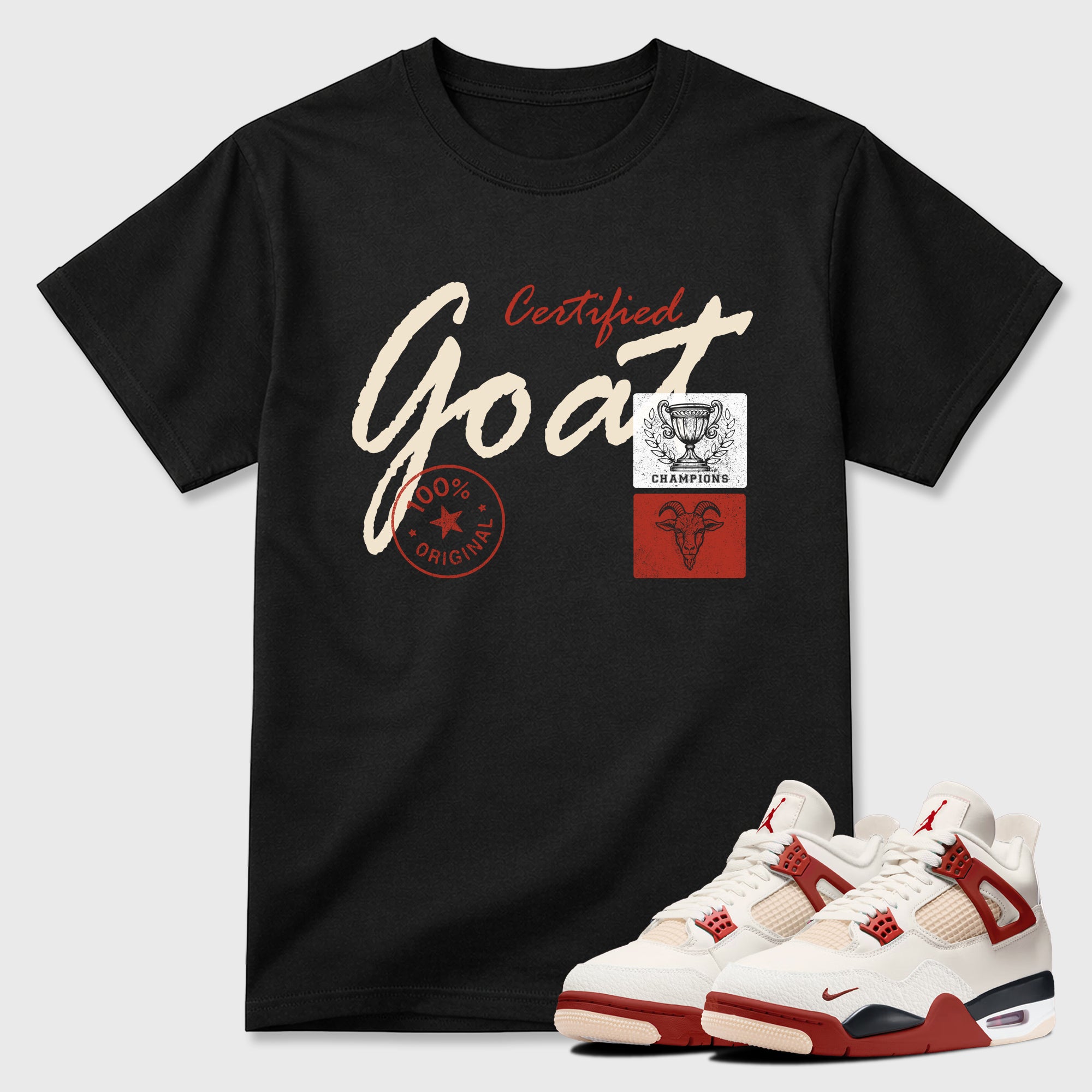 Certified Goat Graphic T-Shirt sneaker match tee designed for the Air Jordan 4 Brick After Brick, featuring coordinated color options for a perfect streetwear match. Black 1 shirt.