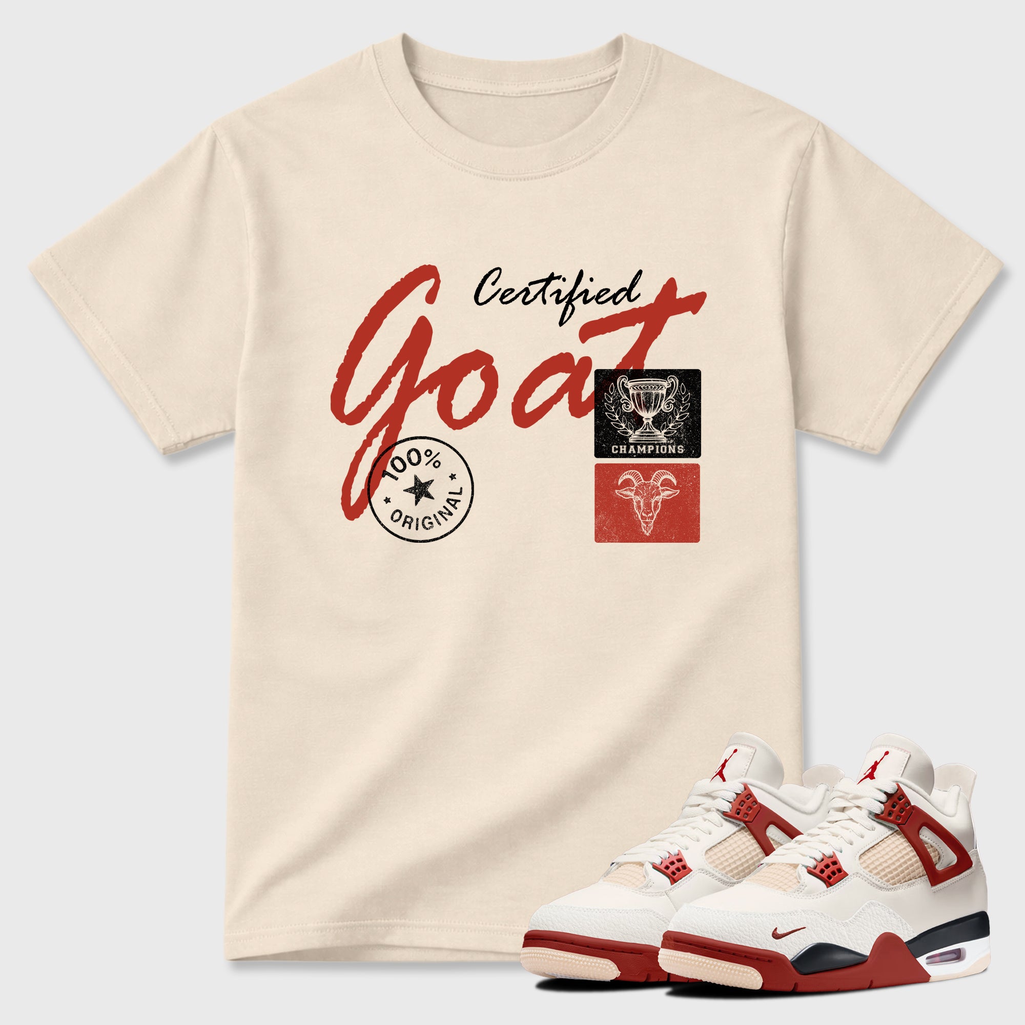 Certified Goat Graphic T-Shirt sneaker match tee designed for the Air Jordan 4 Brick After Brick, featuring coordinated color options for a perfect streetwear match. Natural 1 shirt.