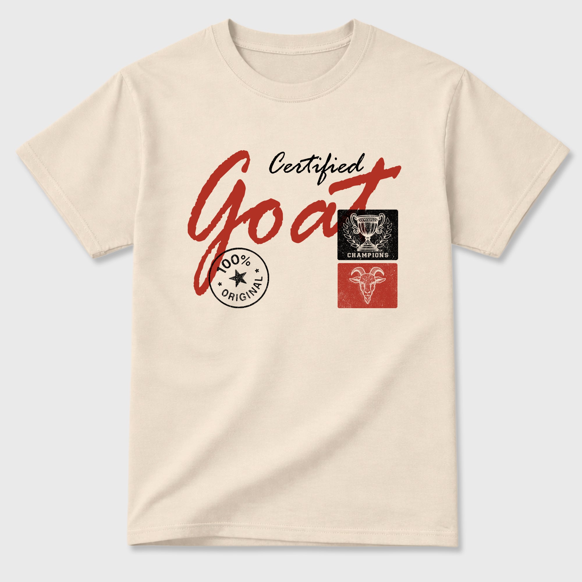 Certified Goat Graphic T-Shirt sneaker match tee designed for the Air Jordan 4 Brick After Brick, featuring coordinated color options for a perfect streetwear match. Natural 2 shirt.