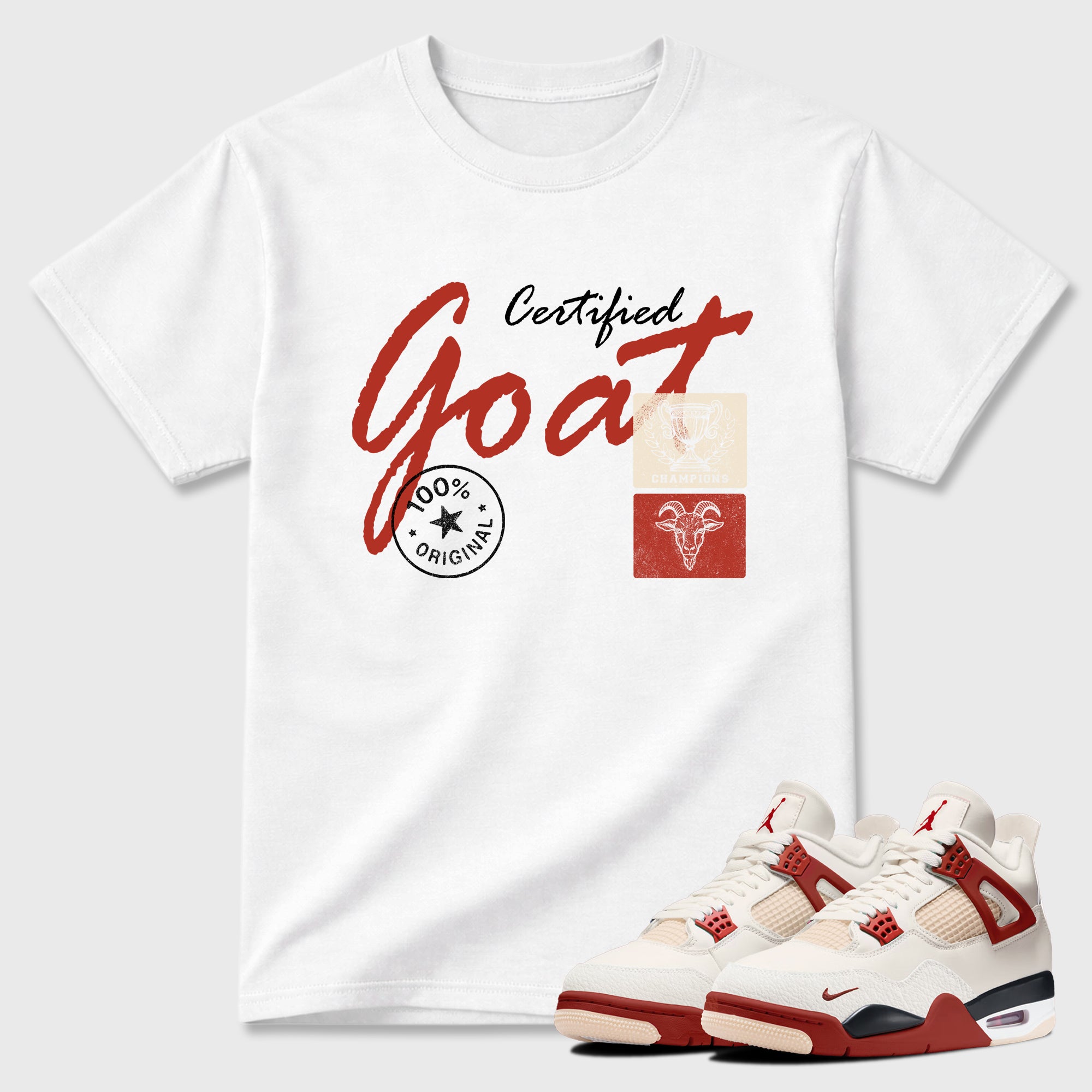 Certified Goat Graphic T-Shirt sneaker match tee designed for the Air Jordan 4 Brick After Brick, featuring coordinated color options for a perfect streetwear match. White 1 shirt.