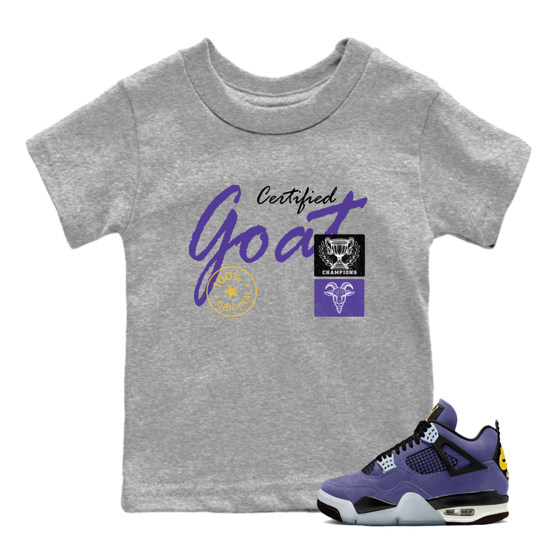 Sneaker match tees – Sneaker Tees To Match Air Jordan 4 Lakeshow Shoes – Certified Goat Kids T-Shirt Heather Grey 1