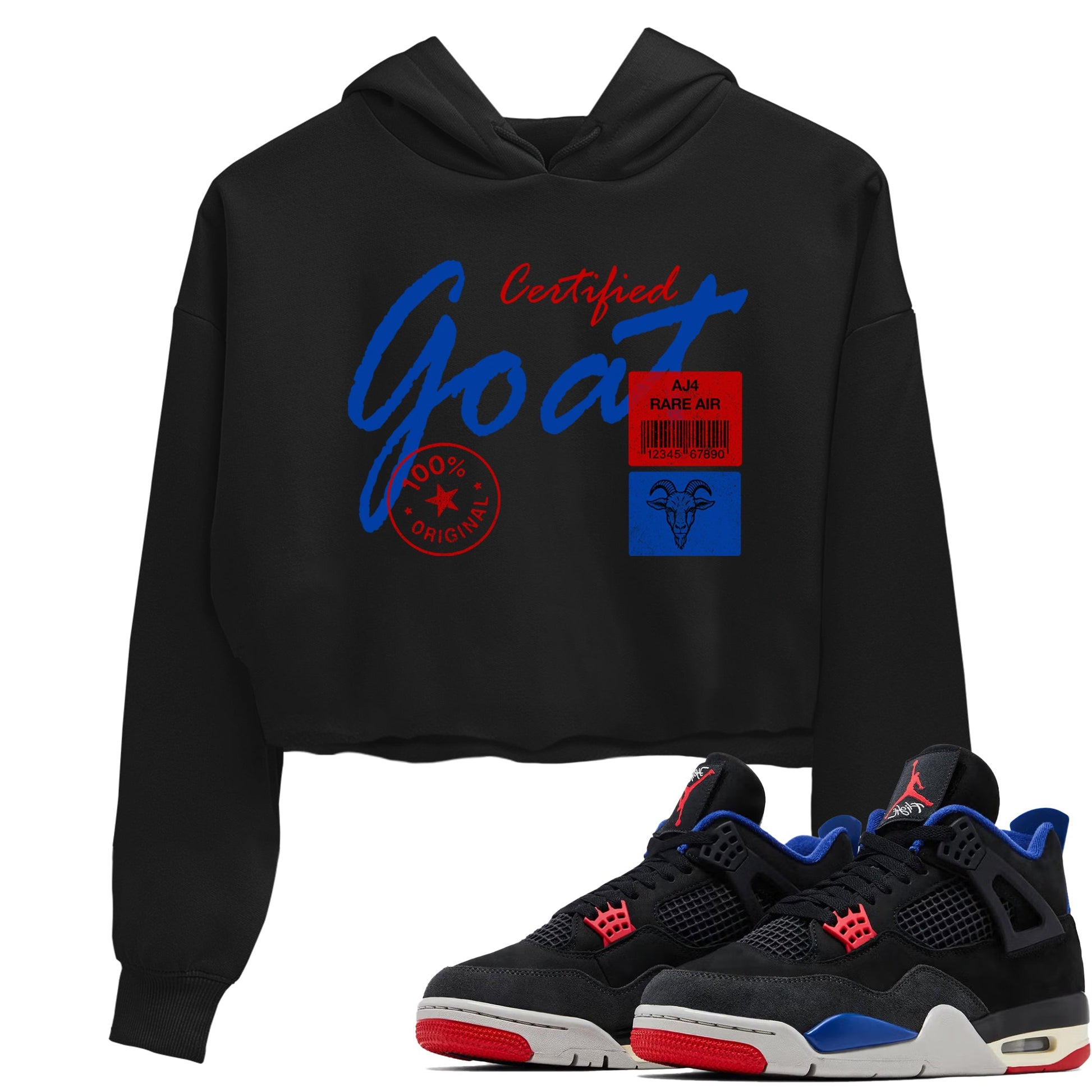Certified Goat womens crop tee made to vibe with the Air Jordan 4 Rare Air sneakers — the perfect match in Black 1.