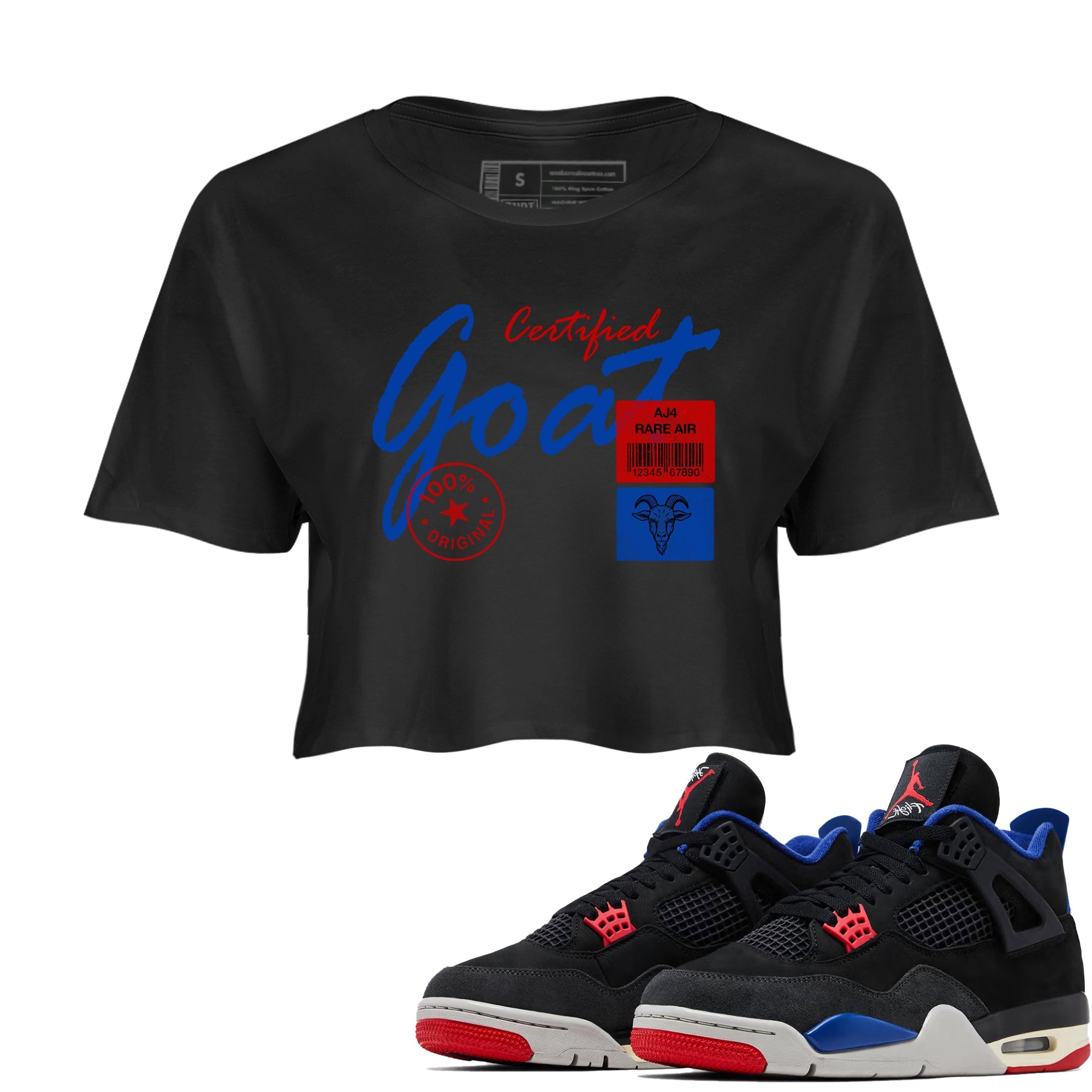 Certified Goat womens crop tee made to vibe with the Air Jordan 4 Rare Air sneakers — the perfect match in Black 1.