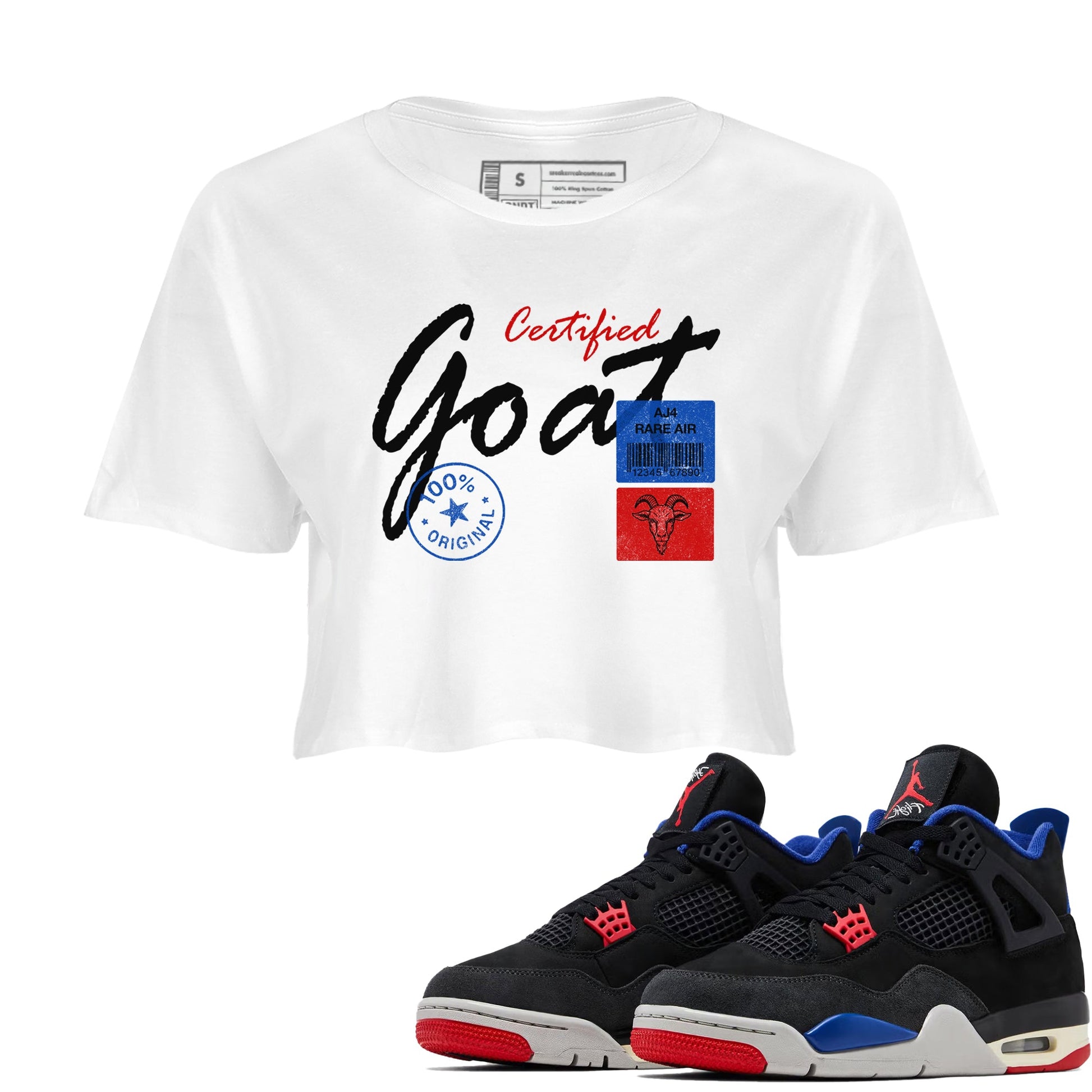 Certified Goat womens crop tee made to vibe with the Air Jordan 4 Rare Air sneakers — the perfect match in White 1.