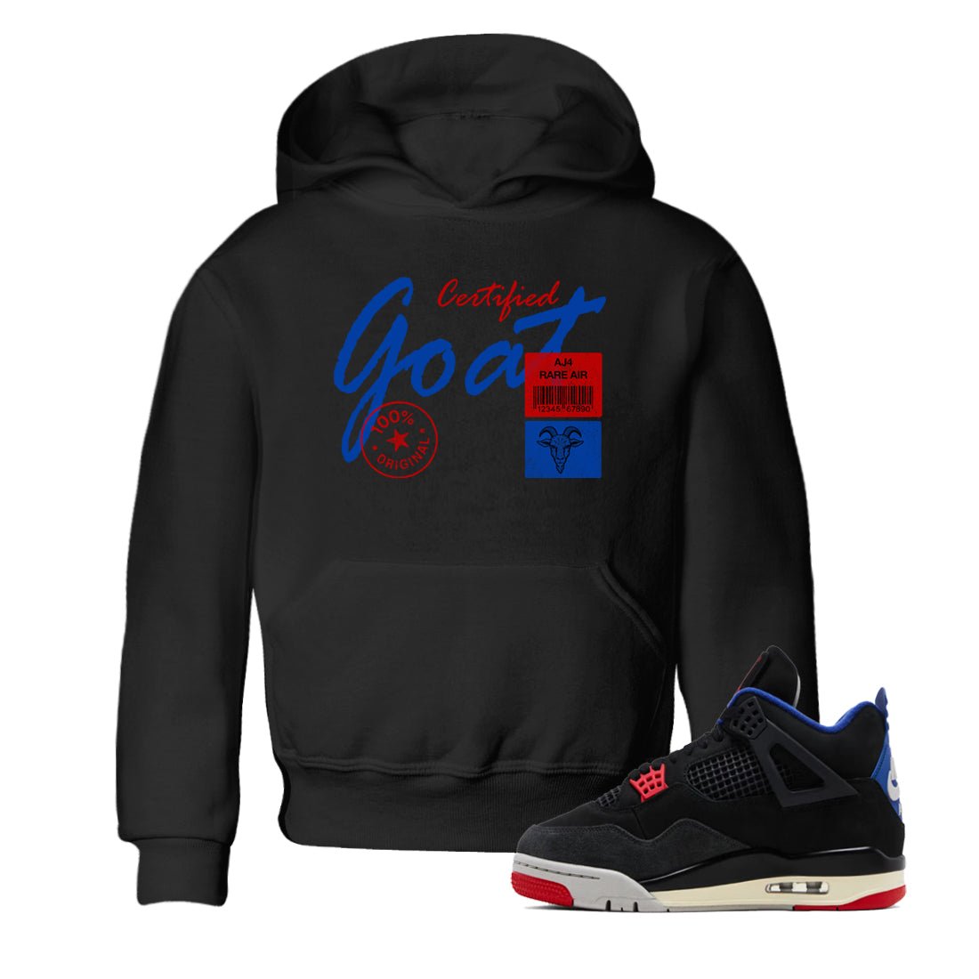 Certified Goat baby and kids t-shirt crafted for little sneakerheads to shine with the Air Jordan 4 Rare Air sneakers, displayed in Black 1.