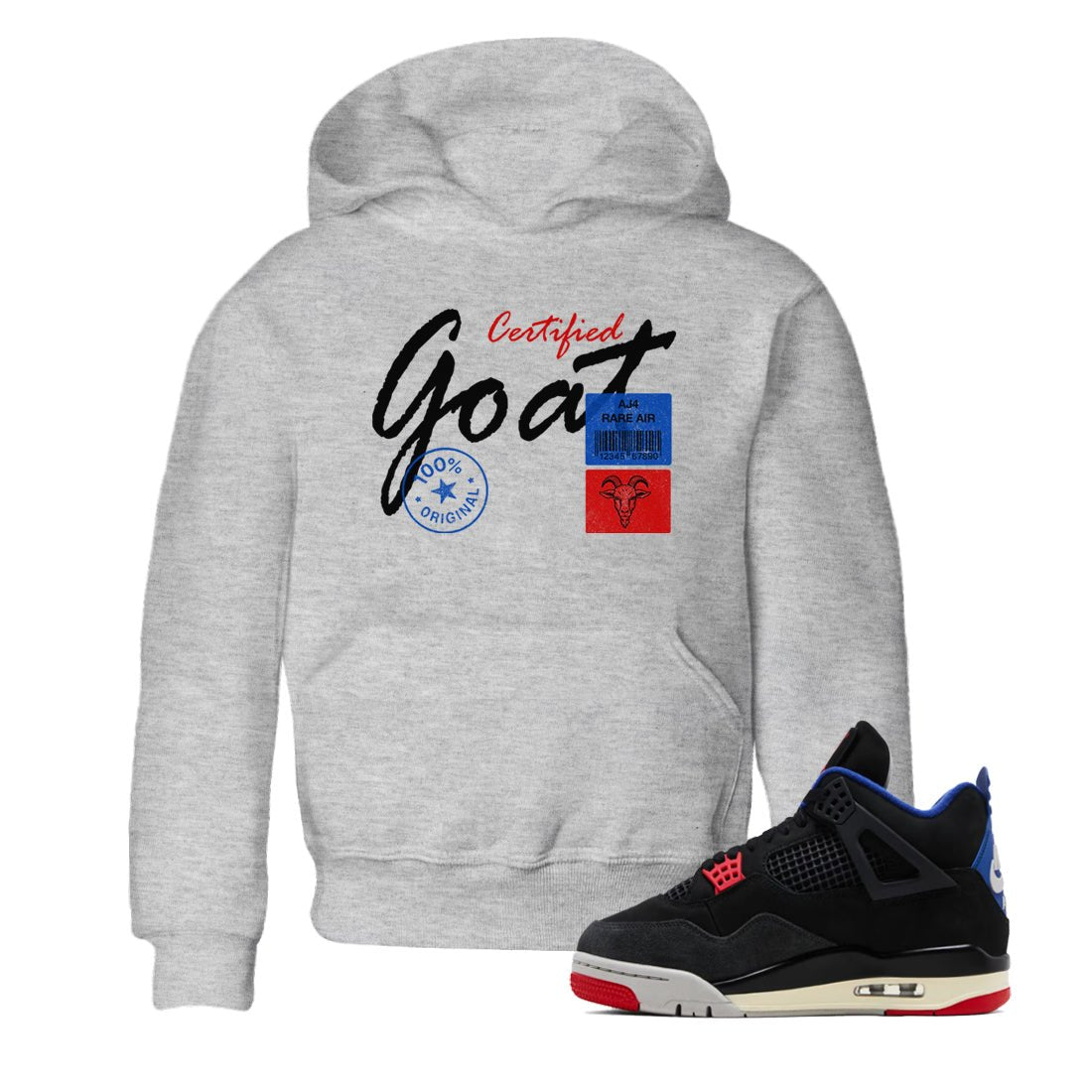 Certified Goat baby and kids t-shirt crafted for little sneakerheads to shine with the Air Jordan 4 Rare Air sneakers, displayed in Heather Grey 1.