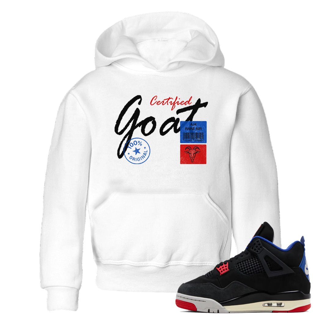 Certified Goat baby and kids t-shirt crafted for little sneakerheads to shine with the Air Jordan 4 Rare Air sneakers, displayed in White 1.