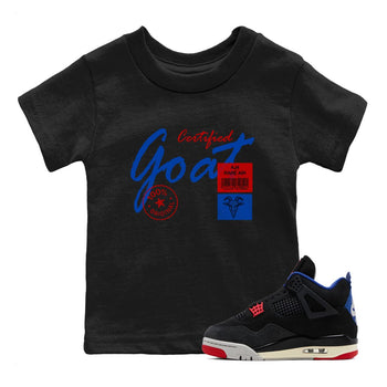 Certified Goat baby and kids t-shirt crafted for little sneakerheads to shine with the Air Jordan 4 Rare Air sneakers, displayed in Black 1.