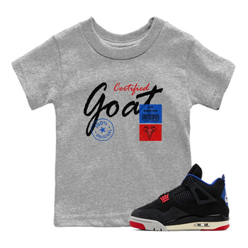 Certified Goat baby and kids t-shirt crafted for little sneakerheads to shine with the Air Jordan 4 Rare Air sneakers, displayed in Heather Grey 1.