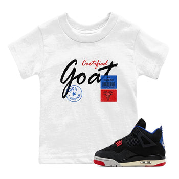 Certified Goat baby and kids t-shirt crafted for little sneakerheads to shine with the Air Jordan 4 Rare Air sneakers, displayed in White 1.