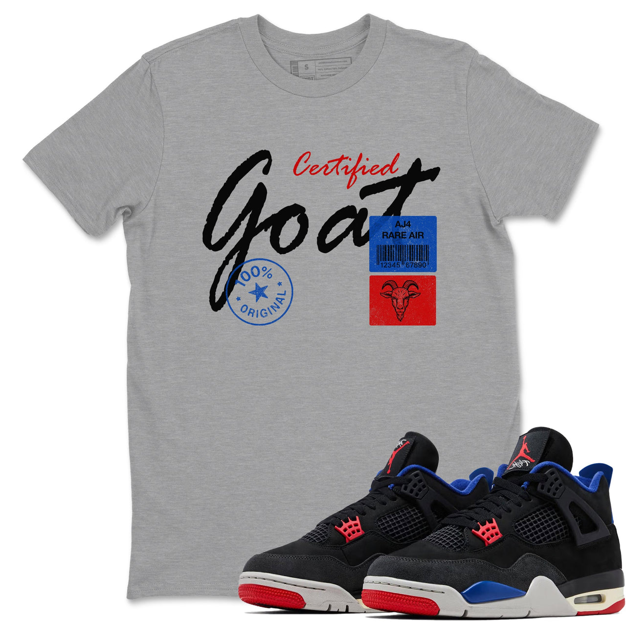 Certified Goat sneaker match t-shirt styled to complete your fit with the Air Jordan 4 Rare Air sneakers, shown in Heather Grey 1.