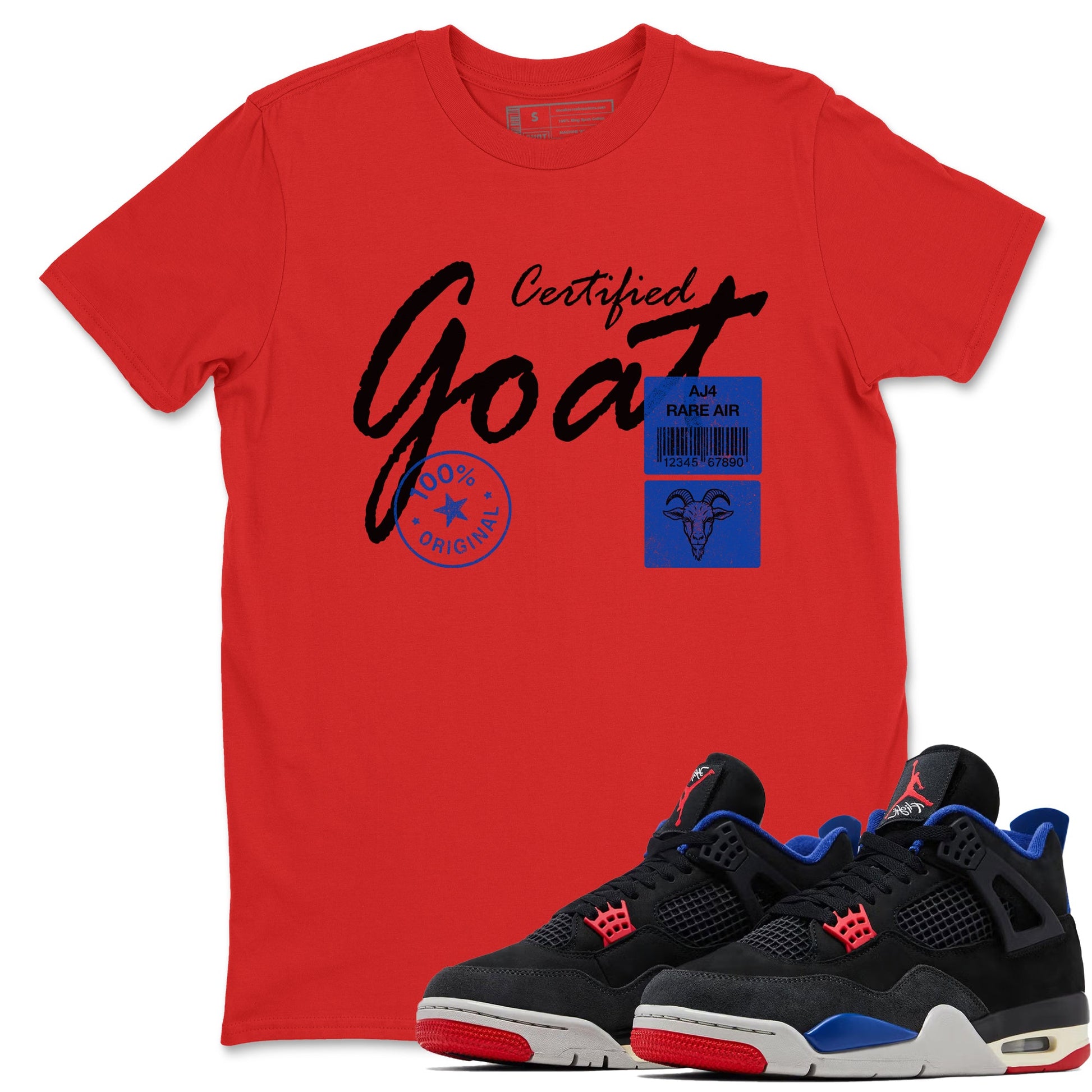 Certified Goat sneaker match t-shirt styled to complete your fit with the Air Jordan 4 Rare Air sneakers, shown in Red 1.