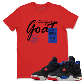 Certified Goat sneaker match t-shirt styled to complete your fit with the Air Jordan 4 Rare Air sneakers, shown in Red 1.