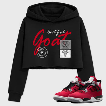 Certified Goat women’s crop tee designed to match the Air Jordan 4 Toro Bravo, featuring coordinated Black 1 options for a perfect streetwear vibe.