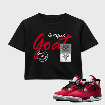 Certified Goat women’s crop tee designed to match the Air Jordan 4 Toro Bravo, featuring coordinated Black 1 options for a perfect streetwear vibe.